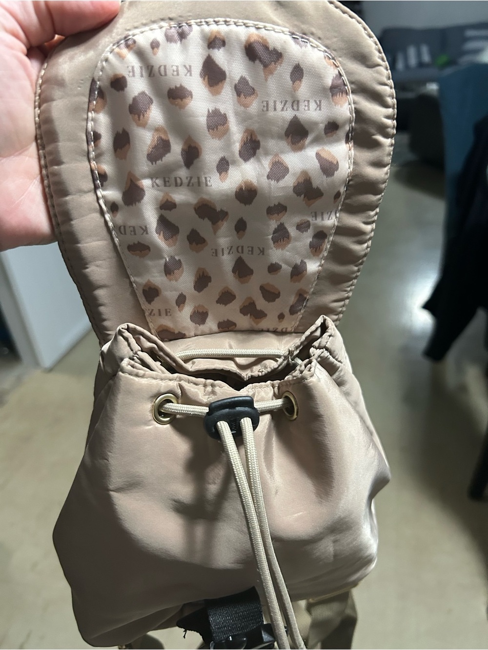 Kedzie Mini Backpack Tan Taupe Nylon Buckle Flap Drawstring Purse - Picture 4 of 7
